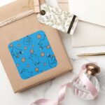 Cookie Monster And Cookies Blue Pattern Square Sticker