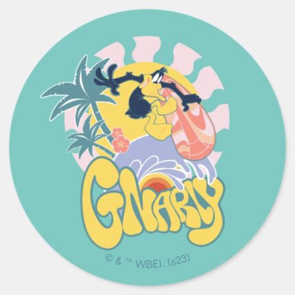 DAFFY DUCK™ Surfing Gnarly Classic Round Sticker