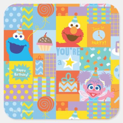 Elmo Abby And Cookie Monster Birthday Pattern Square Sticker