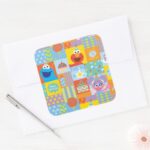 Elmo Abby And Cookie Monster Birthday Pattern Square Sticker