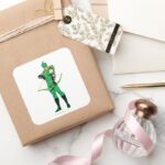 Green Arrow Standing With Bow Square Sticker