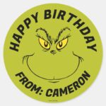 Grinch Face Happy Birthday Classic Round Sticker