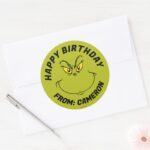 Grinch Face Happy Birthday Classic Round Sticker