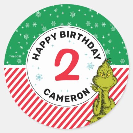 Grinch Red And Green Snowflake Birthday Classic Round Sticker