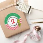 Grinch Red And Green Snowflake Birthday Classic Round Sticker