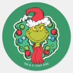Grinch Christmas Holiday Wreath Classic Round Sticker