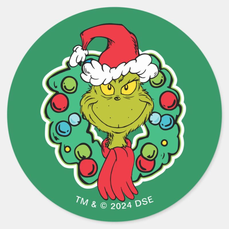 Grinch Christmas Holiday Wreath Classic Round Sticker Grinch Christmas Holiday Wreath Classic Round Sticker
