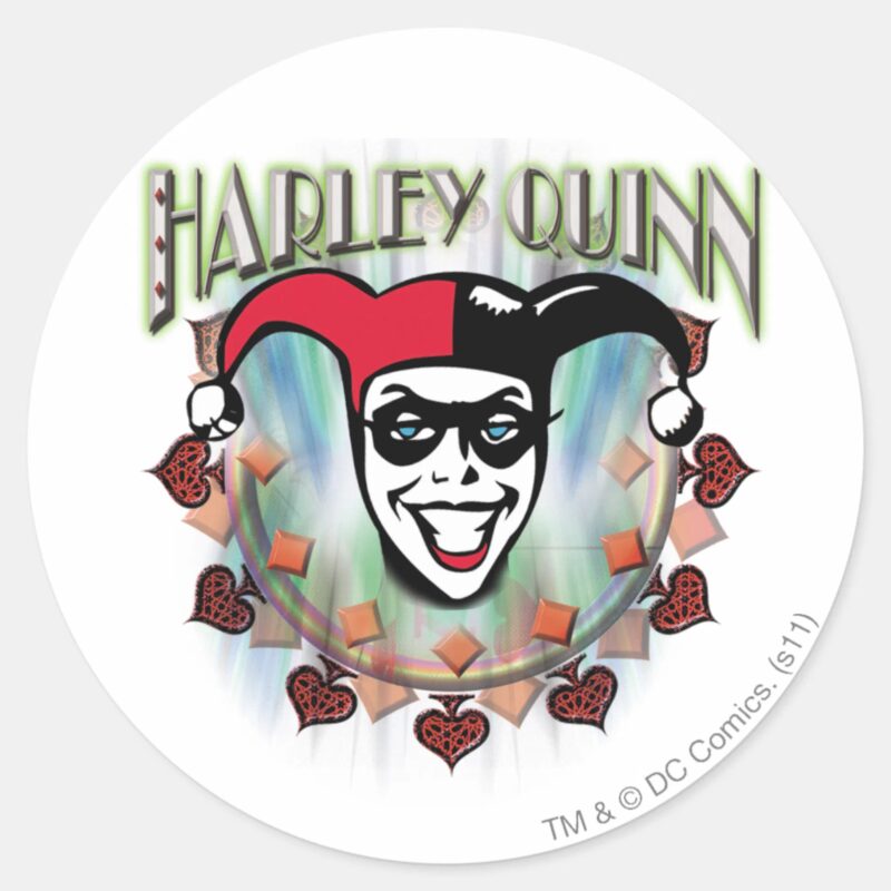 Harley Quinn Face And Logo Classic Round Sticker Harley Quinn Face And Logo Classic Round Sticker