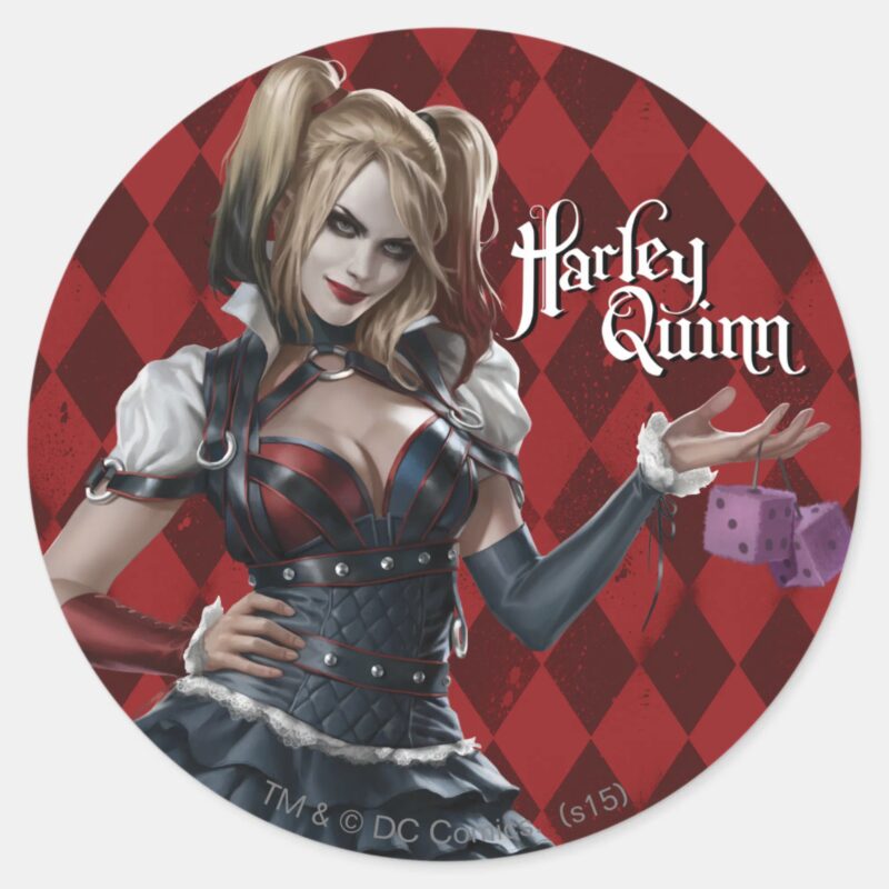Harley Quinn With Fuzzy Dice Classic Round Sticker Harley Quinn With Fuzzy Dice Classic Round Sticker