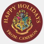 Harry Potter Hogwarts Crest Happy Holidays Classic Round Sticker