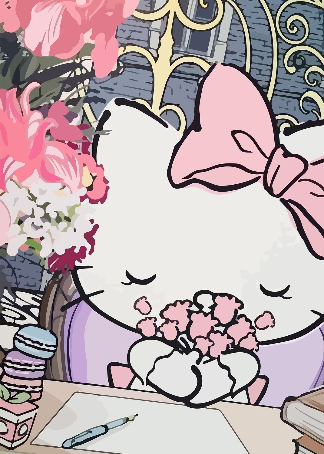 Hello Kitty with Flowers and Macarons