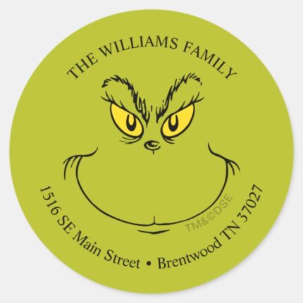 How Grinch Stole Christmas Face Address Classic Round Sticker
