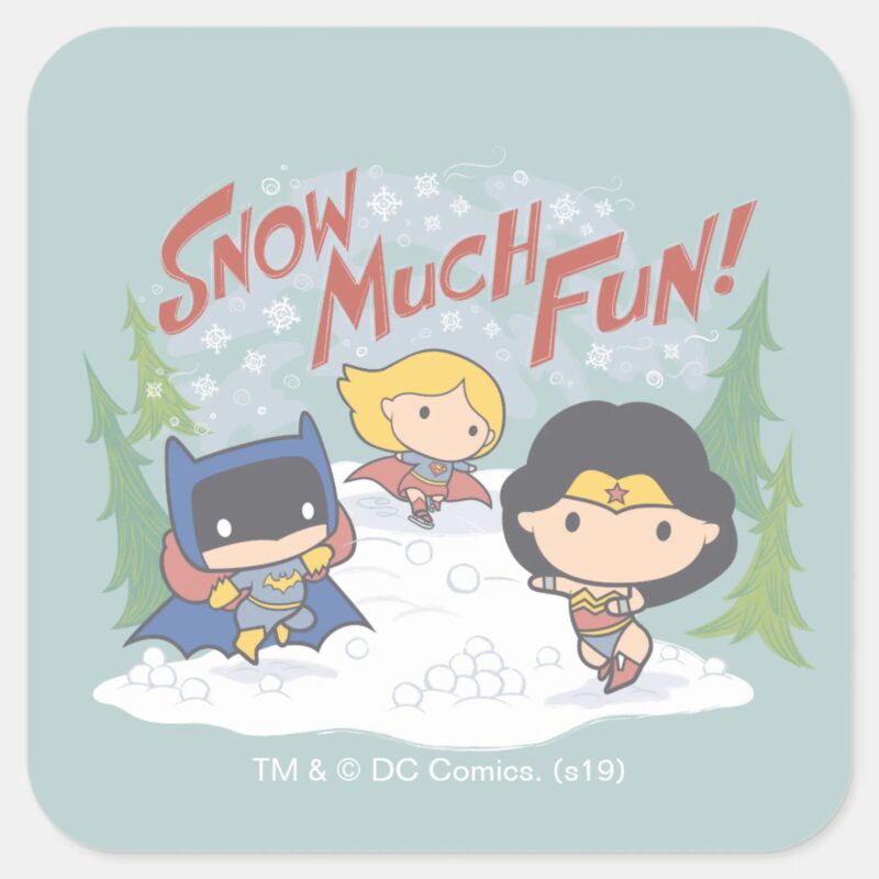 Justice League Chibi Snowball Fight Square Sticker Justice League Chibi Snowball Fight Square Sticker