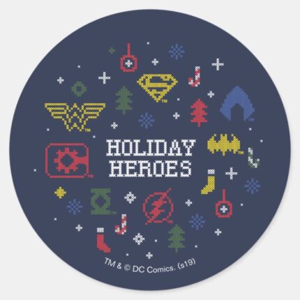 Justice League Holiday Heroes Faux Cross Stitch Classic Round Sticker