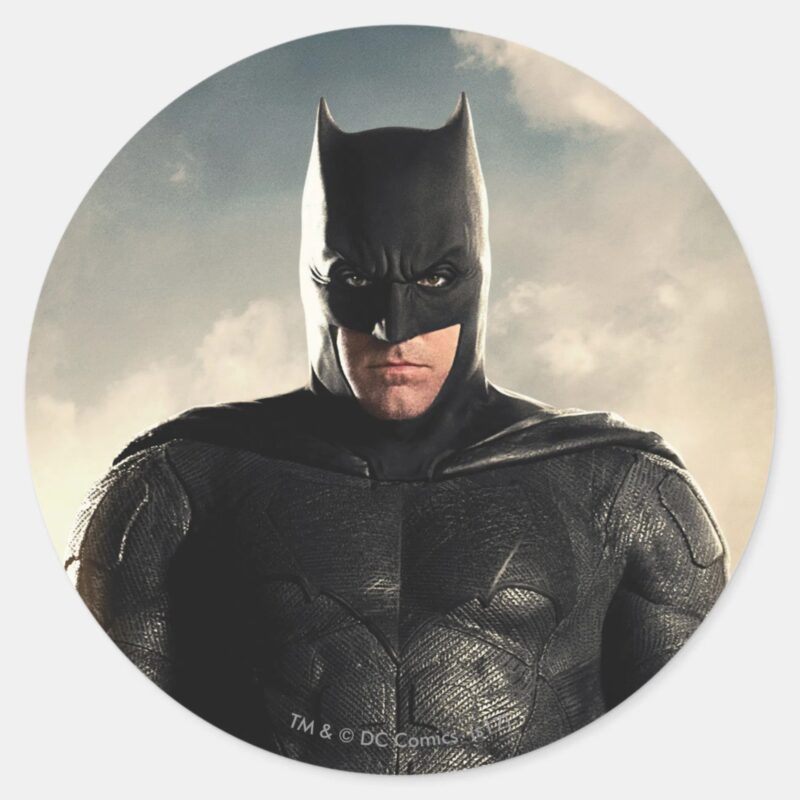 Justice League Batman On Battlefield Classic Round Sticker Justice League Batman On Battlefield Classic Round Sticker