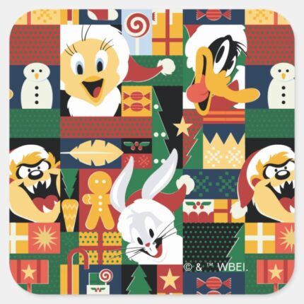 LOONEY TUNES™Holiday Block Pattern Square Sticker