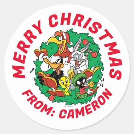 LOONEY TUNES™ Group Christmas Wreath Classic Round Sticker