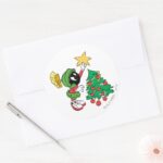 MARVIN THE MARTIAN™ Putting Star On Tree Classic Round Sticker