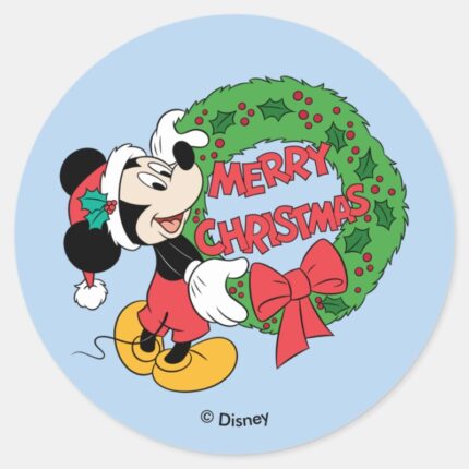 Merry Christmas Mickey Mouse Holiday Wreath Classic Round Sticker