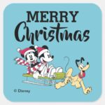 Merry Christmas Mickey Mouse Winter Sled Square Sticker