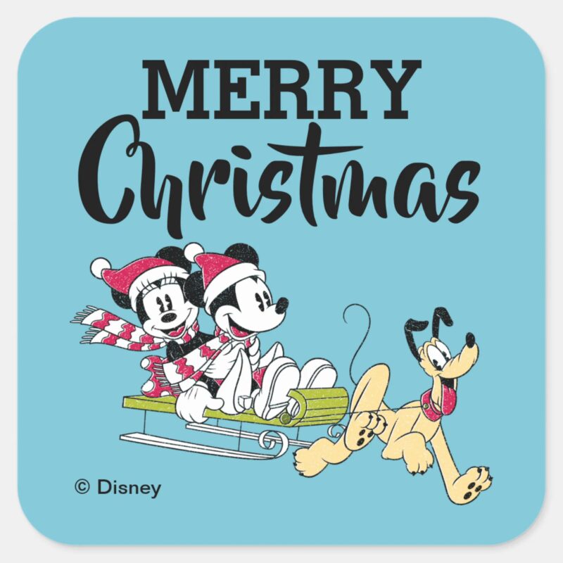 Merry Christmas Mickey Mouse Winter Sled Square Sticker