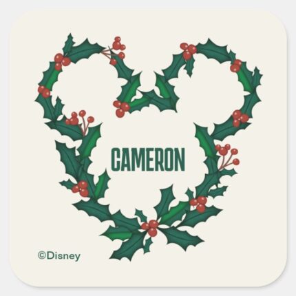 Mickey Mouse Holiday Wreath Add Your Name Square Sticker