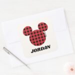 Mickey Mouse Buffalo Plaid Add Your Name Square Sticker