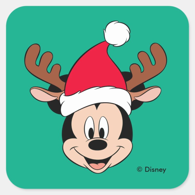 Mickey Mouse Reindeer Ears Santa Hat Square Sticker