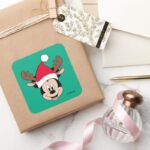 Mickey Mouse Reindeer Ears Santa Hat Square Sticker