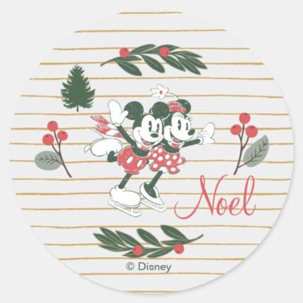 Mickey Minnie Christmas Skating Noel Classic Round Sticker