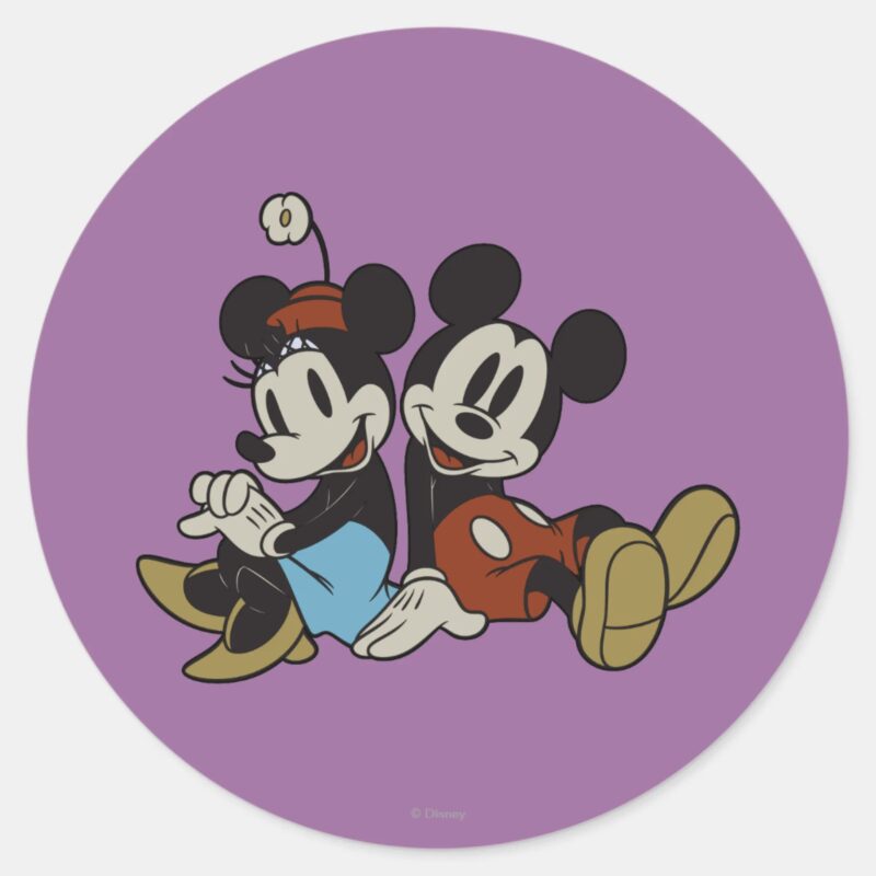 Mickey Minnie Classic Pair Sitting Classic Round Sticker Mickey Minnie Classic Pair Sitting Classic Round Sticker