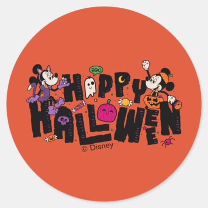 Mickey And Minnie Happy Halloween Classic Round Sticker