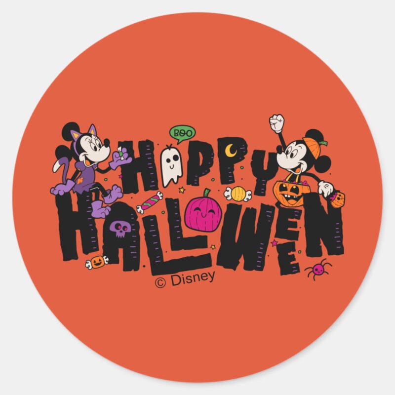 Mickey And Minnie Happy Halloween Classic Round Sticker