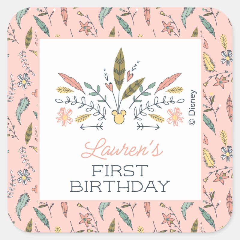 Minnie Mouse Boho Festival Birthday Square Sticker Minnie Mouse Boho Festival Birthday Square Sticker