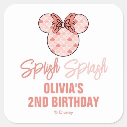 Minnie Mouse Pink Mermaid Birthday Square Sticker