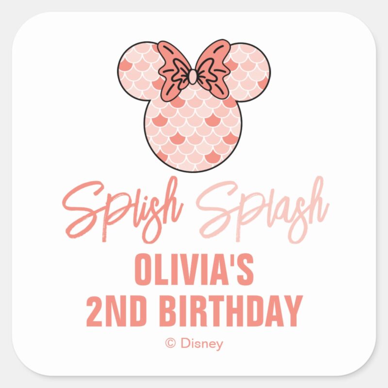 Minnie Mouse Pink Mermaid Birthday Square Sticker