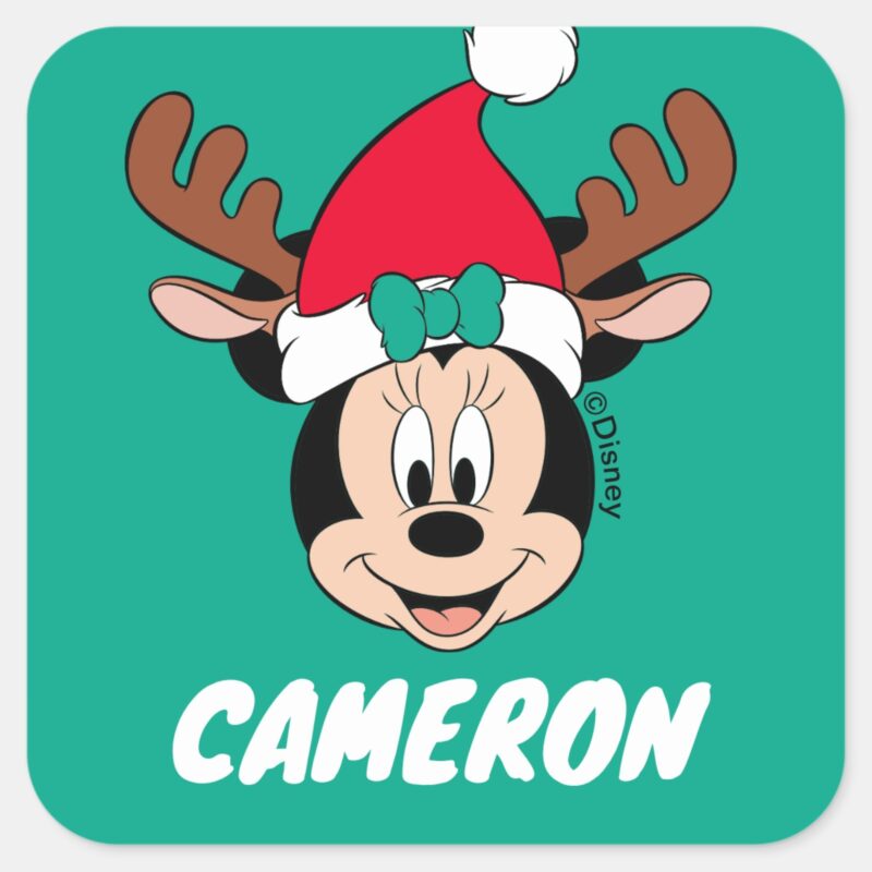 Minnie Mouse Reindeer Antlers Add Your Name Square Sticker