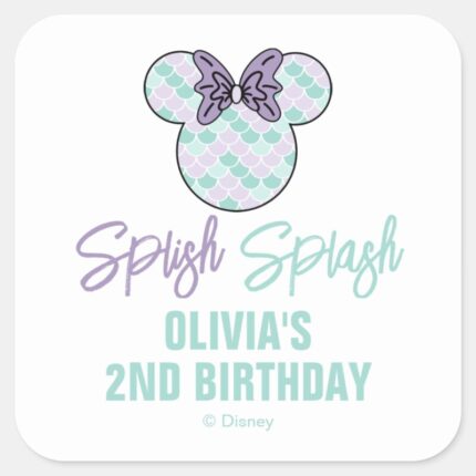 Minnie Mouse Teal Purple Mermaid Birthday Square Sticker