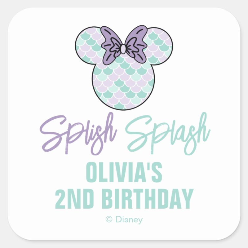 Minnie Mouse Teal Purple Mermaid Birthday Square Sticker
