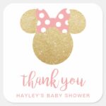 Minnie Pink Gold Glitter Thank You Square Sticker