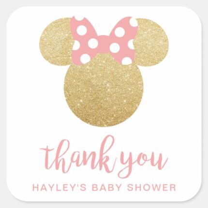 Minnie Pink Gold Glitter Thank You Square Sticker