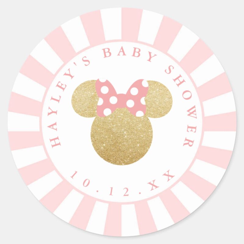 Minnie Pink Striped Gold Glitter Baby Shower Classic Round Sticker