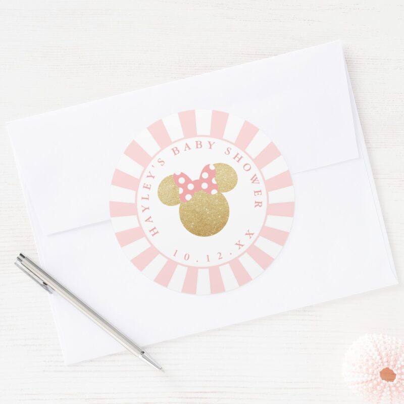 Minnie Pink Striped Gold Glitter Baby Shower Classic Round Sticker