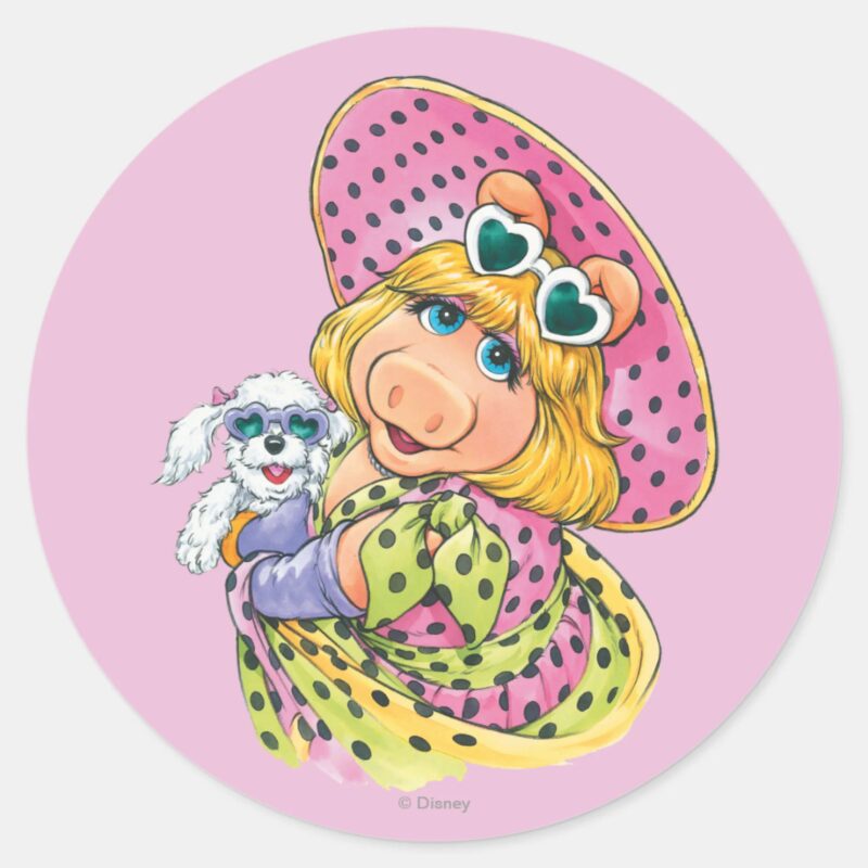 Miss Piggy Holding Puppy Classic Round Sticker Miss Piggy Holding Puppy Classic Round Sticker