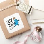 Mr. Busy Lets Get Busy Black Text Square Sticker