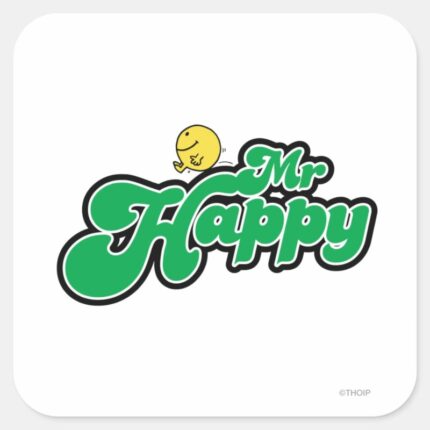 Mr. Happy Sliding Down Green Lettering Square Sticker
