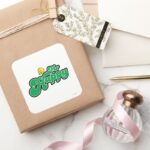 Mr. Happy Sliding Down Green Lettering Square Sticker