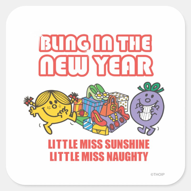 Mr. Men Little Miss Bling In The New Year Square Sticker Mr. Men Little Miss Bling In The New Year Square Sticker