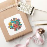 Mr. Strong Psychedelic Swirls Stars Flowers Square Sticker