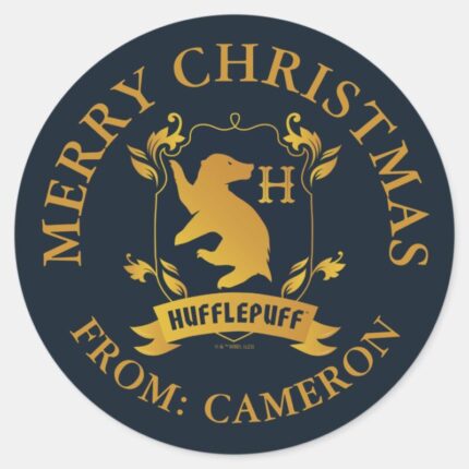 Ornate HUFFLEPUFF™ House Crest Merry Christmas Classic Round Sticker